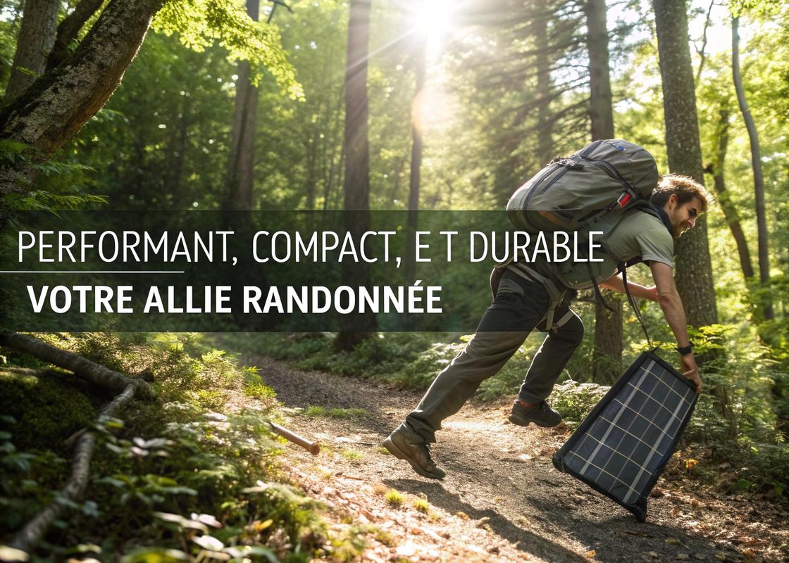 Un aventurier ajuste un panneau solaire flexible sur son sac à dos en marchant sur un sentier forestier dense, avec une bannière 'Performant, compact, et durable : votre allié randonnée' en surimpression.
