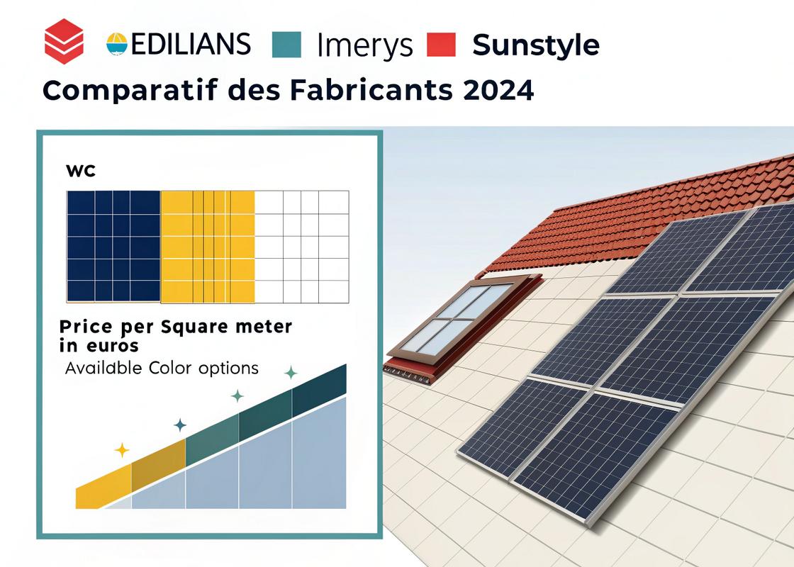 Infographie comparant les fabricants de tuiles solaires Edilians Imerys et SunStyle avec logo design des tuiles puissance en watt prix au m2 et couleurs disponibles texte 'Comparatif des fabricants 2024' en français.