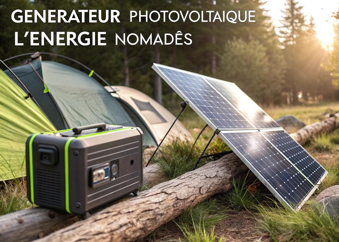 Générateur photovoltaïque portable avec panneaux solaires brillants dans un environnement de camping sur fond de verdure et de textures naturelles, incluant le texte 'Générateur Photovoltaïque : L'énergie nomade' en typographie moderne.