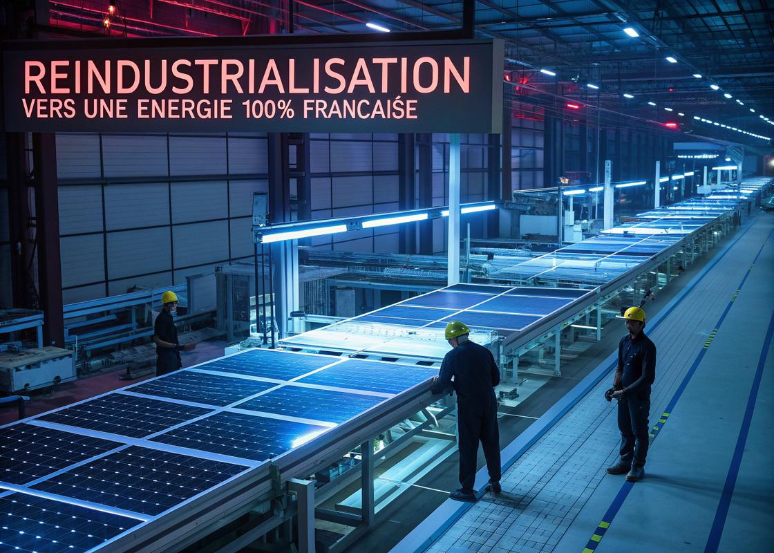 Vue intérieure futuriste d'une usine gigantesque avec des lignes d'assemblage automatisées produisant des panneaux solaires, des ingénieurs inspectant les modules sous des lumières LED bleues néon, avec le slogan 'Réindustrialisation : Vers une Énergie 100% Française' en typographie inspirée du cyberpunk.