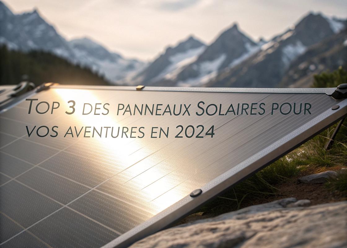 Panneau solaire pliable métallique en gros plan avec des montagnes enneigées en arrière-plan flou et texte français 'Top 3 des panneaux solaires pour vos aventures en 2024'