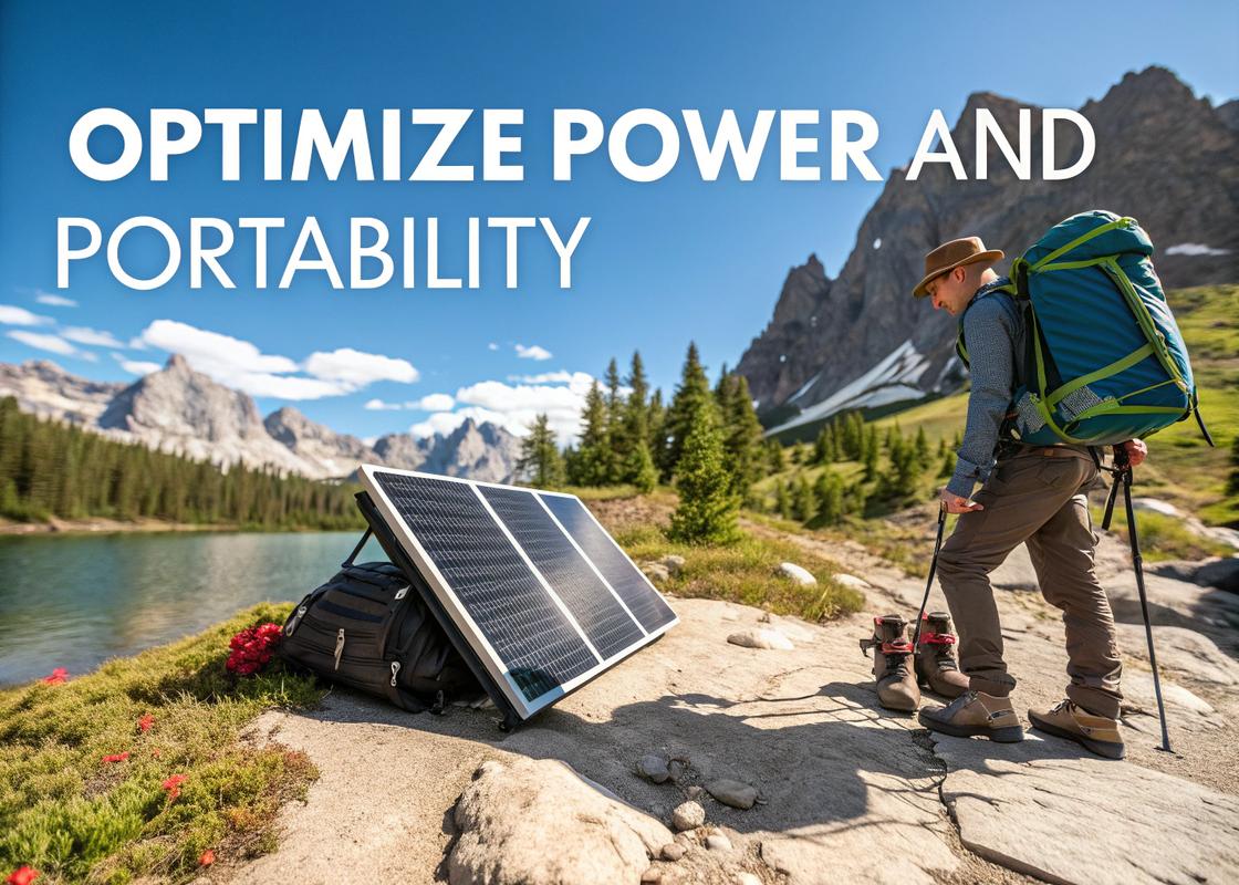 Installation d'un panneau solaire portable sur un terrain de camping ensoleillé entouré d'un équipement de randonnée avec un paysage alpin en arrière-plan.