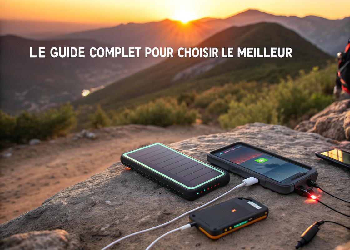 Montage dynamique avec un panneau solaire portable rechargeant des appareils sur un sentier rocheux au coucher du soleil