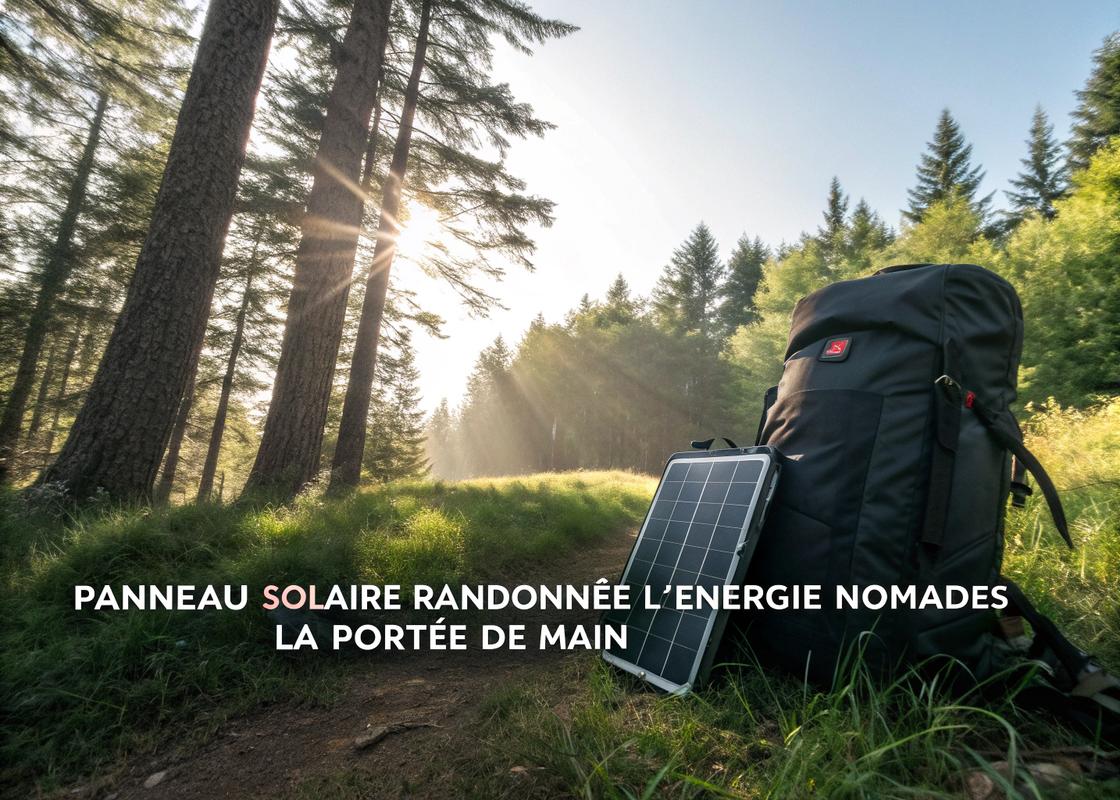 Panneau solaire moderne fixé sur un sac à dos de randonnée, entouré par la nature sauvage avec un éclairage cinématographique et des rayons de soleil filtrant à travers les arbres.