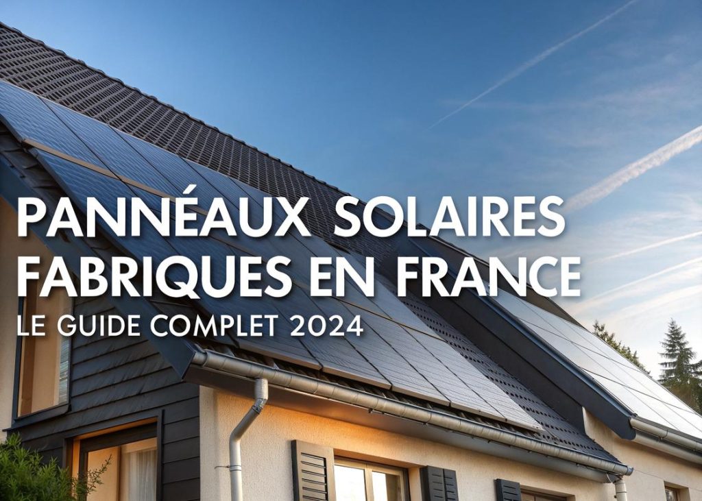 Panneaux solaires fabriqués en France installés sur un toit moderne avec inscription textuelle 'Panneaux Solaires Fabriqués en France : Le Guide Complet 2024' en surimpression