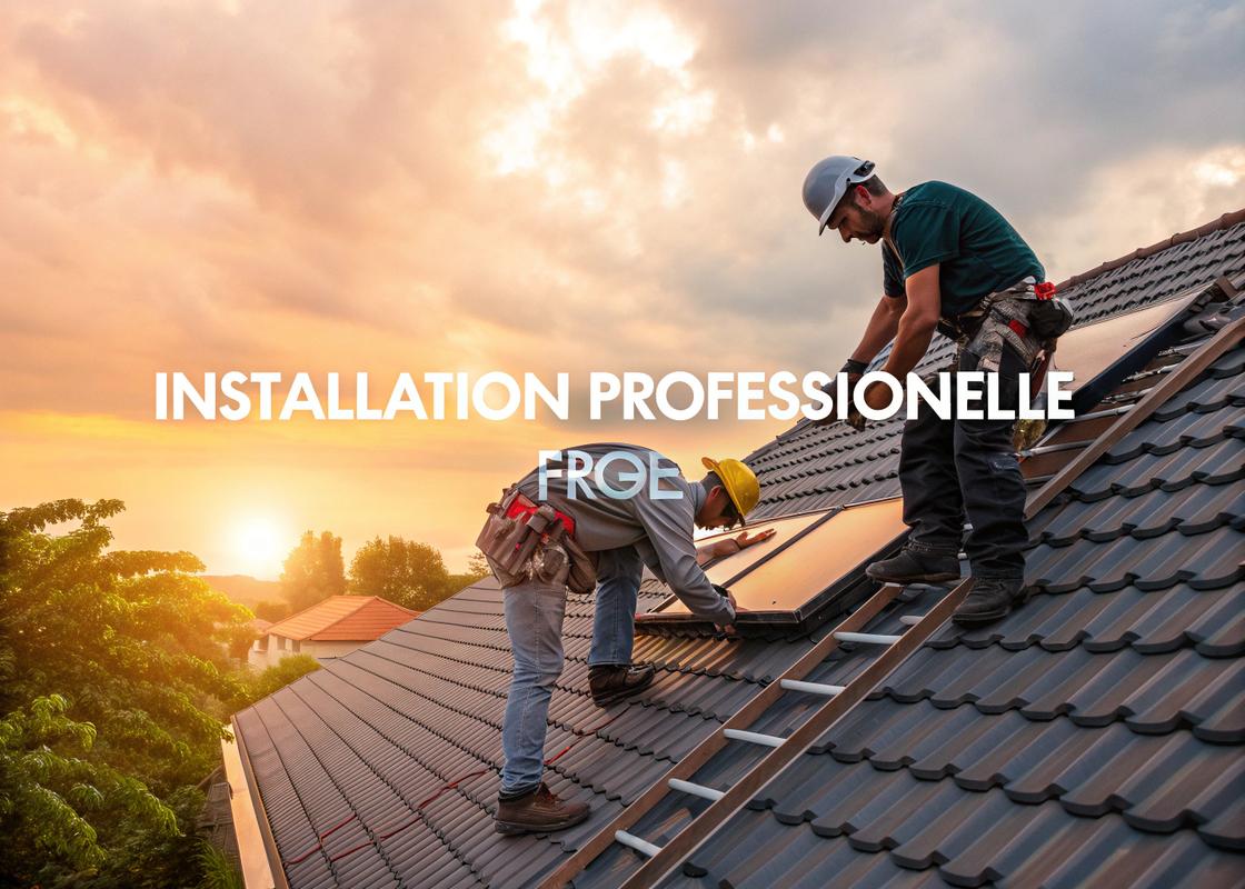 Professionnels en sécurité travaillant sur un toit en pente en installant des tuiles solaires sous un éclairage crépusculaire, avec du texte 'Installation professionnelle RGE' en style graphique audacieux
