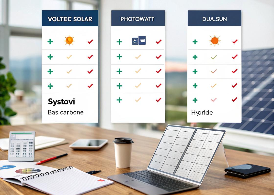 Tableau comparatif des marques françaises de panneaux solaires Voltec Solar, Photowatt, DualSun et Systovi, avec des colonnes pour les spécialités 'Bas Carbone' et 'Hybride', présenté dans un environnement de bureau réaliste.