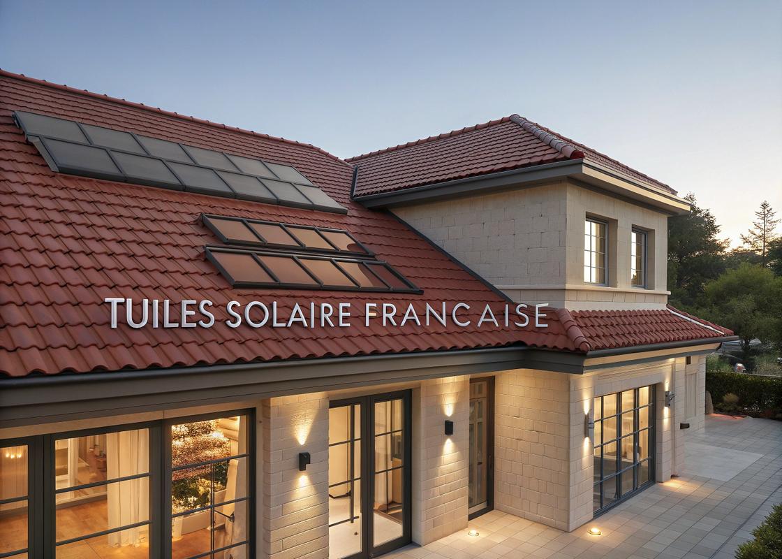 Toit moderne avec des tuiles solaires intégrées en terracotta rouge, textes 'Tuiles Solaire Française' sur une section éclairée, style photoréaliste et détaillé.