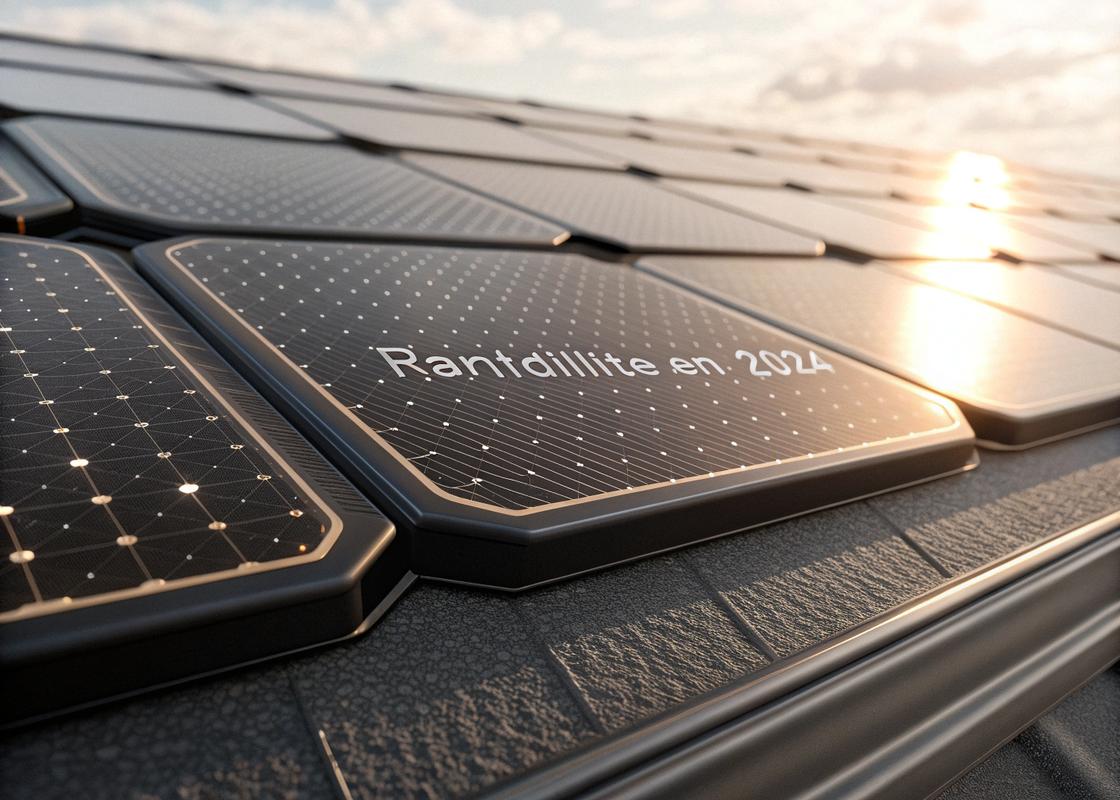 Tuile solaire premium noire brillante avec slogan 'Rentabilité en 2024' en typographie métallique sous lumière douce.