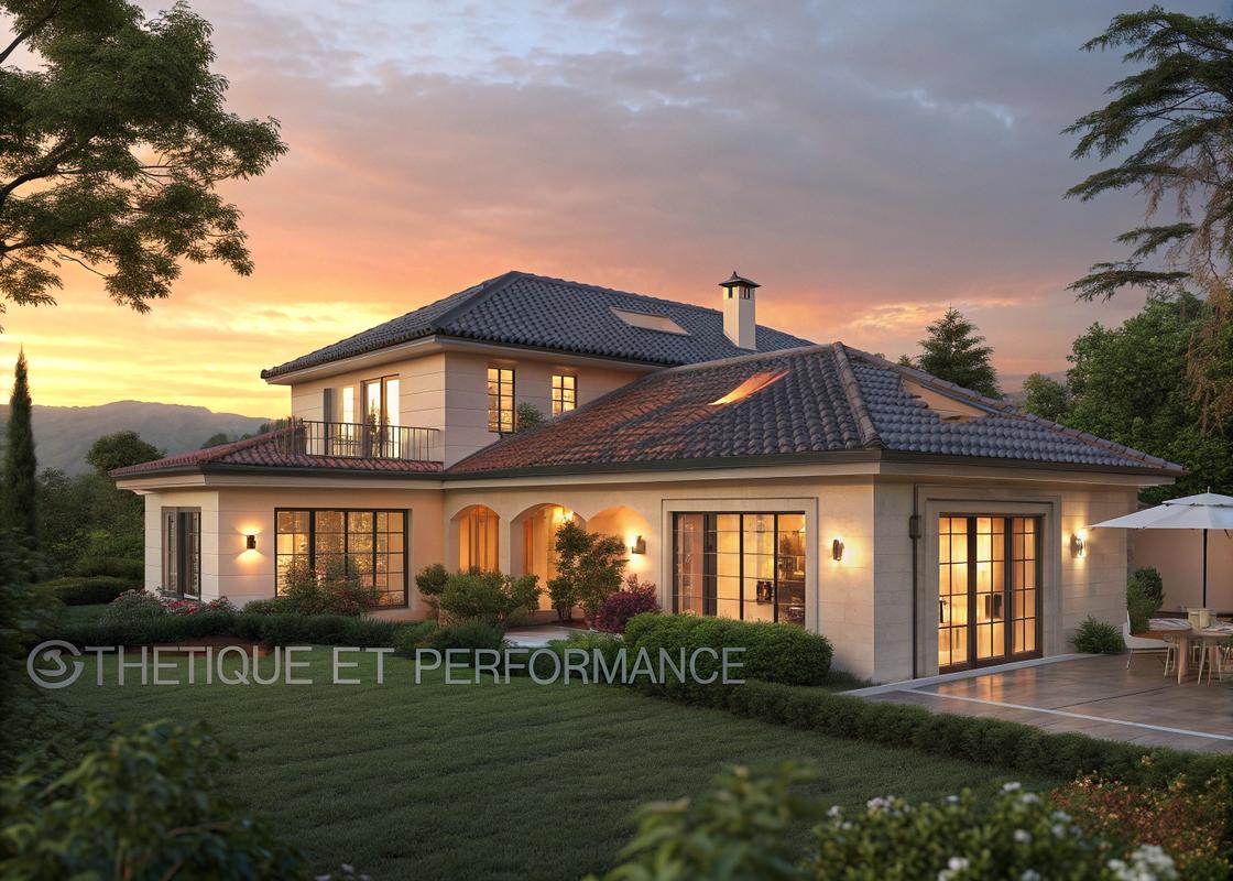 Élégante villa française avec toit en tuiles solaires au coucher du soleil, intégrant un éclairage chaleureux et entourée de verdure, avec la mention 'Esthétique et performance' gravée.