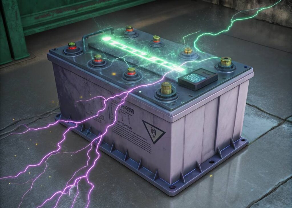 Illustration animée de pulsations électriques décomposant des cristaux de sulfate sur des plaques de plomb dans une batterie de voiture, avec des accents lumineux violets et verts dans un environnement industriel sombre