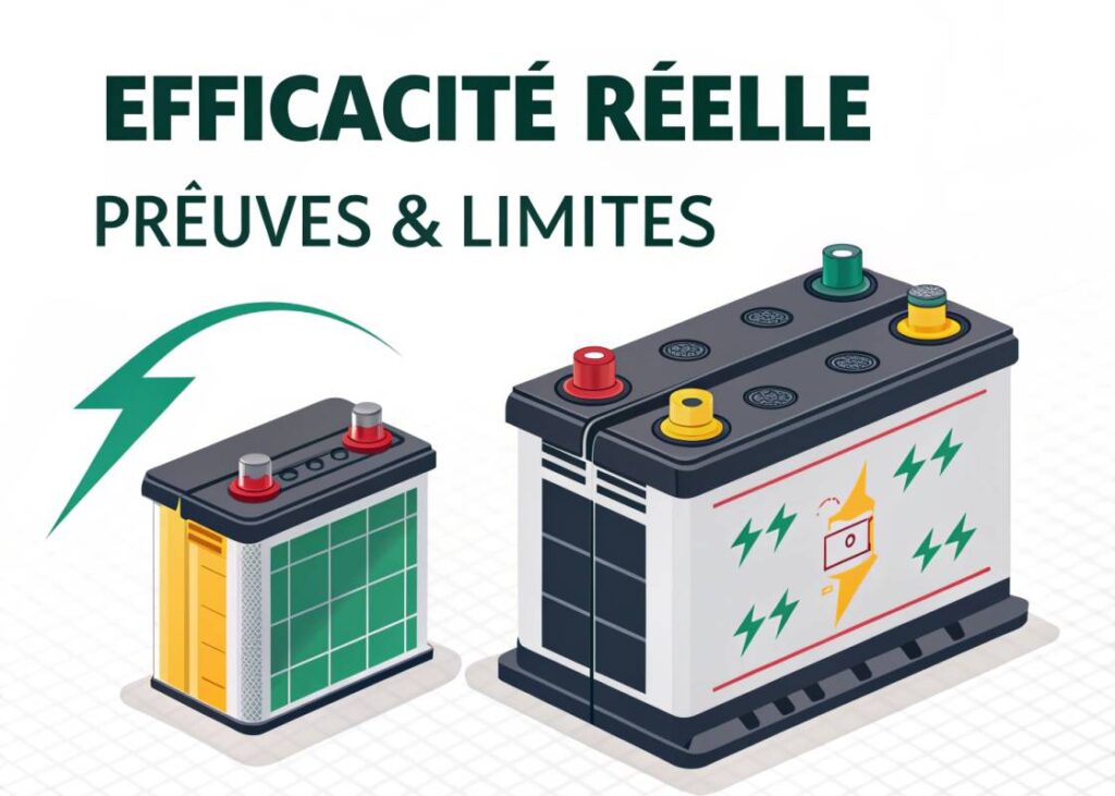 Infographie stylisée comparant une batterie de voiture saine avec une sulfatée, montrant les niveaux de tension et changements physiques, avec texte graphique 'Efficacité Réelle – Preuves & Limites' en français