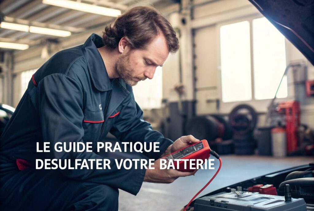 Mécanicien expert tenant un multimètre près d'une batterie de voiture dans un atelier bien éclairé