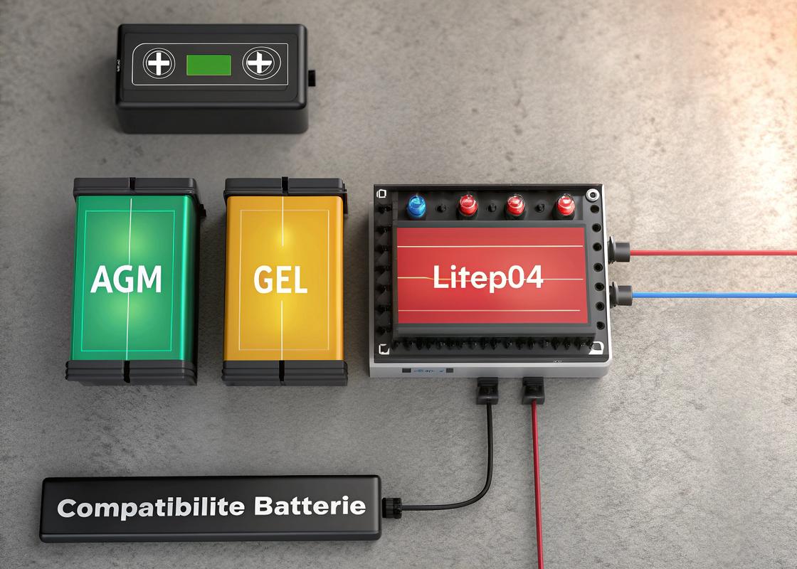 Vue aérienne de batteries AGM, Gel et Lithium LiFePO4 disposées sur une surface texturée avec un chargeur DC-DC connecté, éclairage dynamique et mention 'Compatibilité Batterie' en français
