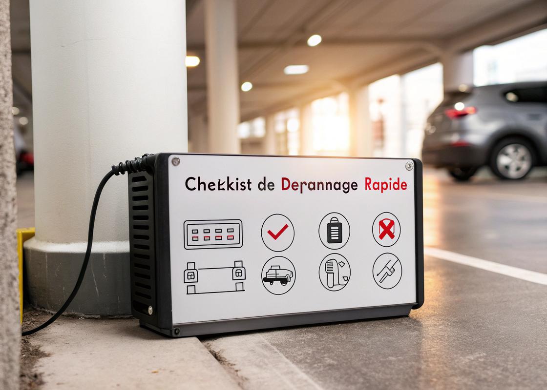 Checklist illustré de dépannage rapide pour chargeur DC-DC avec icônes pour diagnostic visuel