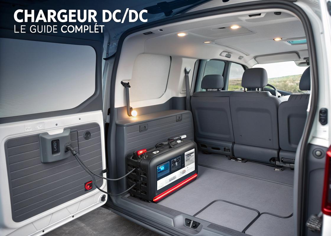 Intérieur moderne d'un van avec un chargeur DC-DC installé près de la batterie auxiliaire, sous éclairage cinématique et style plan technique.