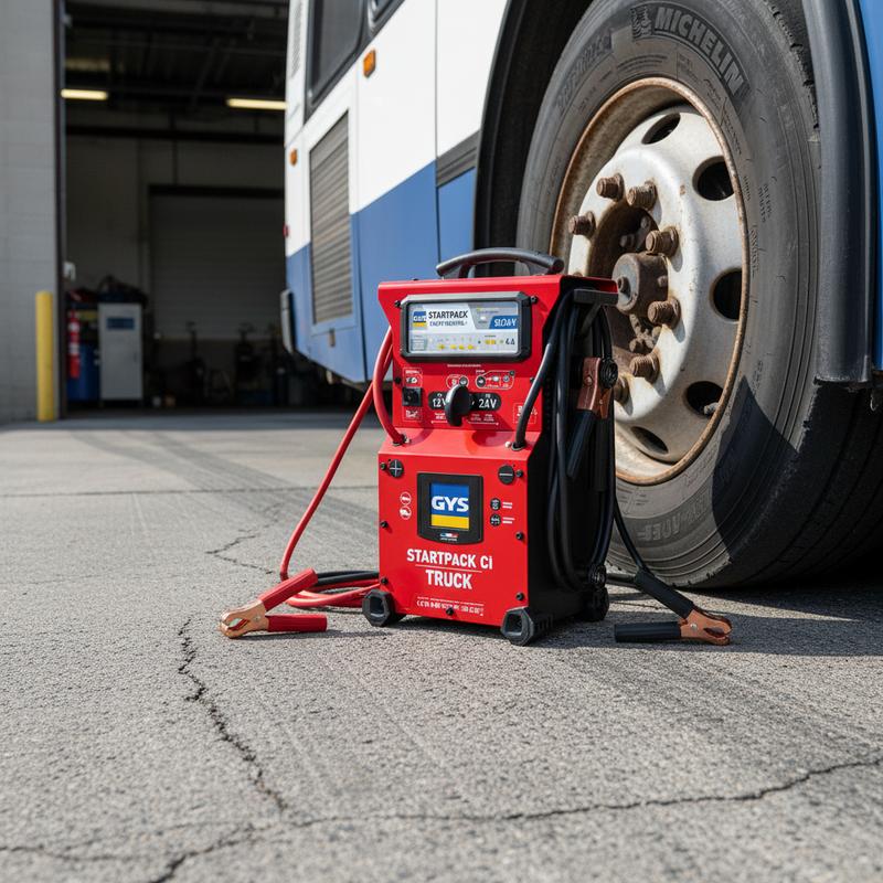 Booster de démarrage GYS Startpack Truck au boîtier rouge posé sur l'asphalte contre la roue massive d'un bus