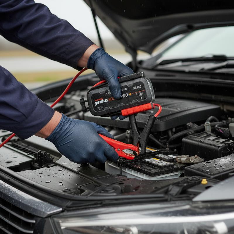 Gros plan sur des mains gantées connectant les pinces du booster de démarrage NOCO GB150 sur une batterie de voiture sous la pluie