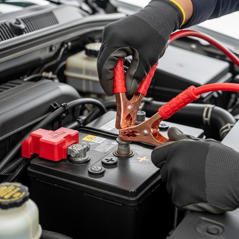 Vue subjective de mains gantées fixant une pince de démarrage rouge sur la borne positive d'une batterie de camion