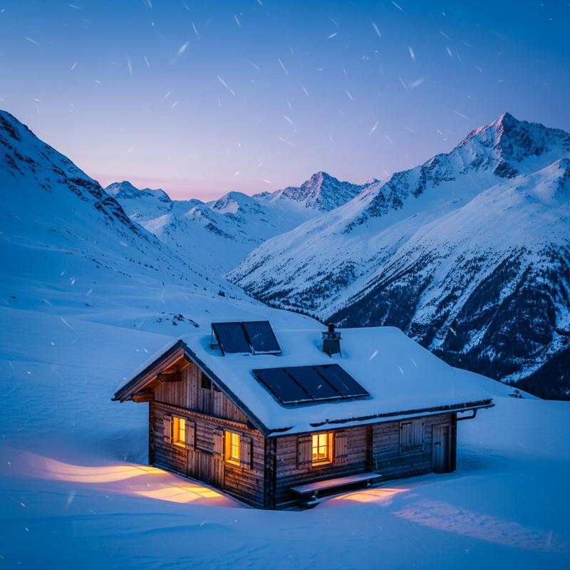 Chalet en bois isolé sous la neige avec panneaux solaires sur le toit