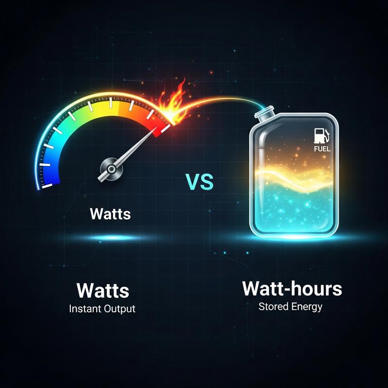 Compteur de vitesse symbolisant la puissance en watts et réservoir lumineux représentant le stockage en wattheures sur fond technique sombre