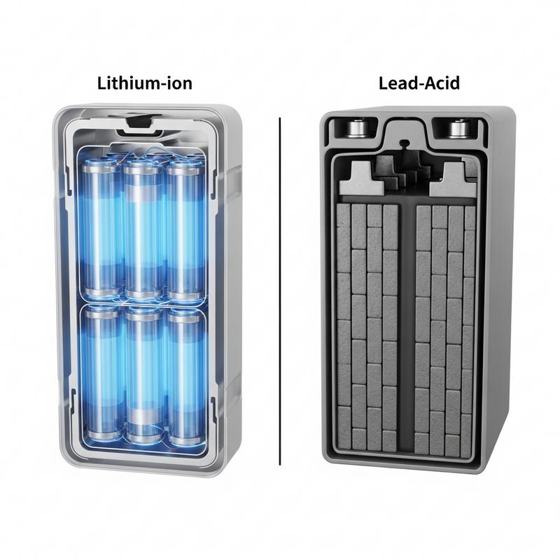 Infographie 3D en écran scindé comparant la coupe transversale de cellules lithium-ion bleues lumineuses à des plaques de plomb-acide grises denses sur fond blanc