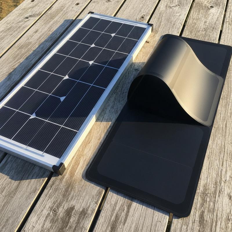 Panneau solaire rigide standard comparé à un panneau souple flexible noir courbé sur une surface en bois, avec le texte superposé Rigide vs Portable