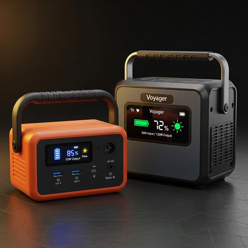 Alignement de trois générateurs solaires de tailles variées, du modèle portable à main à l'unité de secours domestique sur roues, sous un éclairage studio professionnel