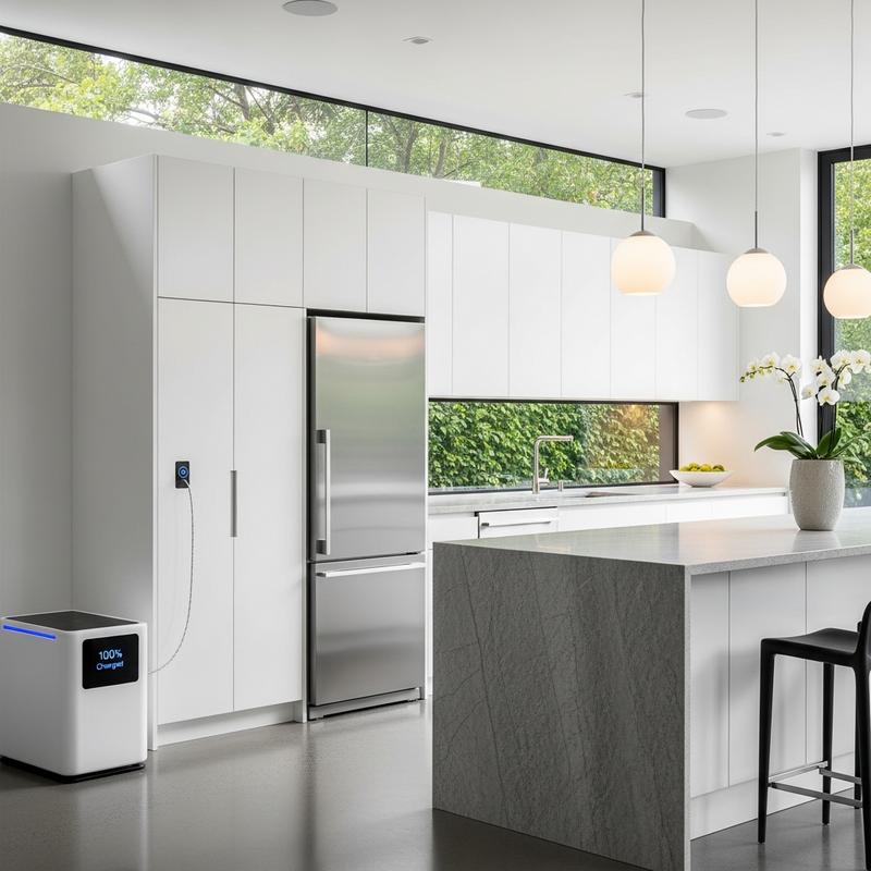Générateur solaire blanc au design épuré alimentant un réfrigérateur en inox dans une cuisine moderne et lumineuse