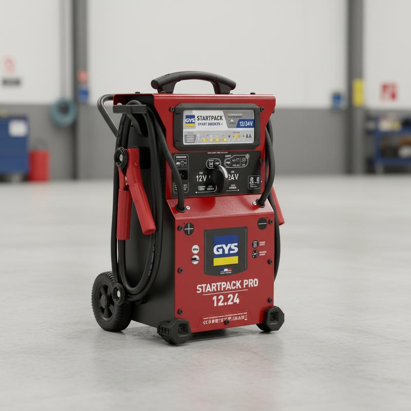 Booster de démarrage sur chariot GYS Startpack Pro rouge et noir avec câbles enroulés, posé sur un sol d'atelier en béton