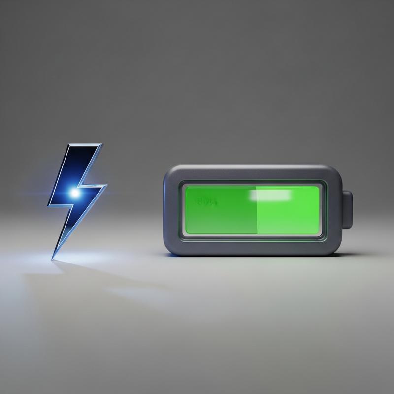 Composition 3D minimaliste avec un éclair, une batterie et un soleil illustrant les concepts d'énergie sur fond gris mat