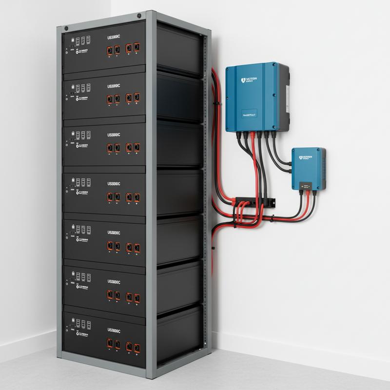 Installation technique résidentielle montrant un rack de modules de batterie Pylontech US3000C noirs et des composants Victron Energy bleus fixés au mur