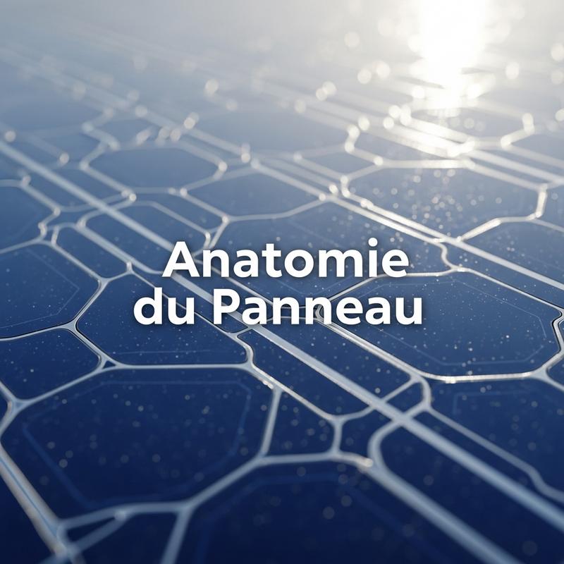 Vue macro détaillée de la texture bleue cristalline d'une cellule photovoltaïque avec le texte Anatomie du Panneau superposé au centre