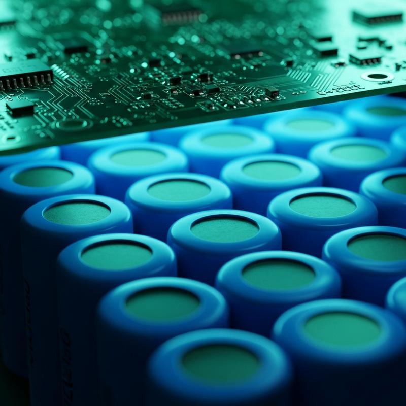 Gros plan macro de cellules de batterie cylindriques bleues LiFePO4 surmontées d'un circuit imprimé en cuivre sous un éclairage futuriste cyan