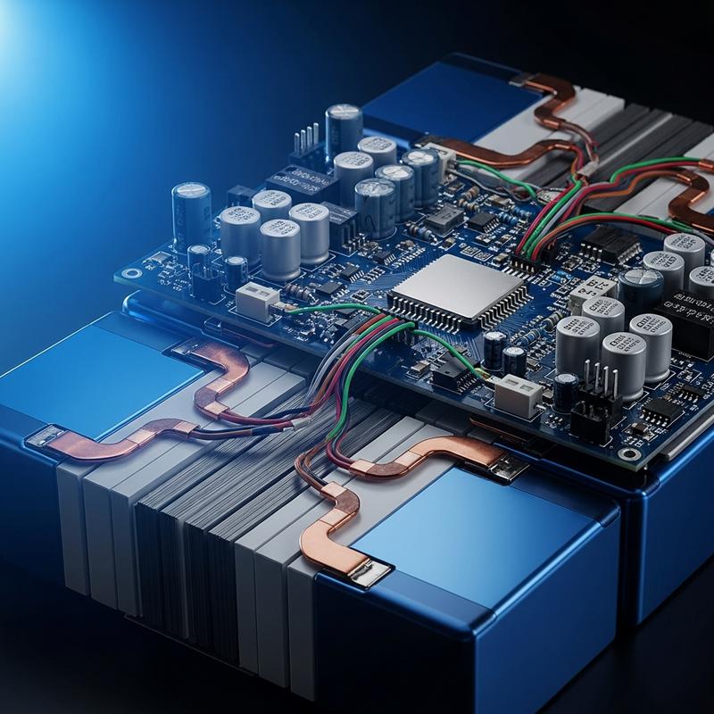 Gros plan technique des cellules prismatiques et du circuit BMS d'une batterie LiFePO4 avec un schéma de couplage AC/DC flou en arrière-plan