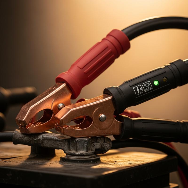 Gros plan sur des pinces de démarrage en cuivre robustes fixées à une borne de batterie, mettant en évidence les poignées isolées et un indicateur lumineux de sécurité