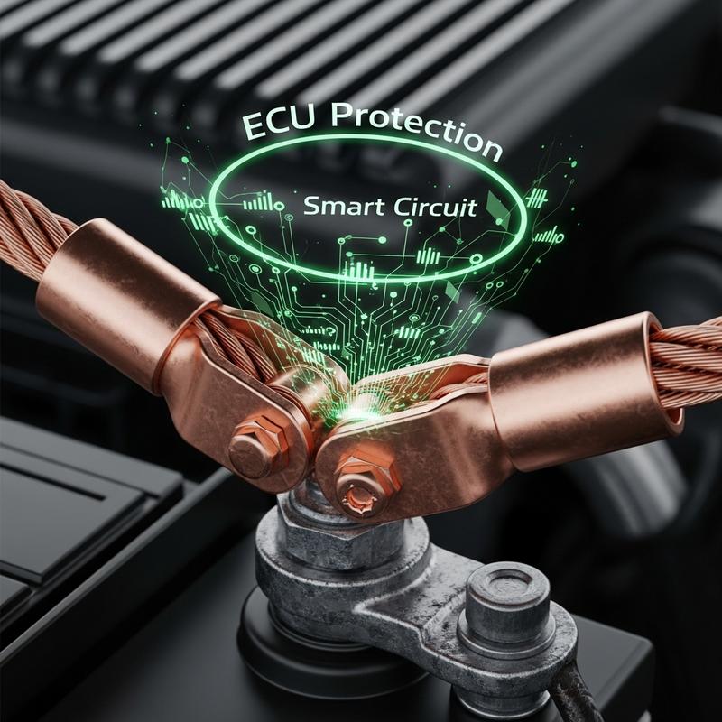 Gros plan macro d'une pince de démarrage en cuivre connectée à une batterie, affichant des hologrammes verts 'ECU Protection' et 'Smart Circuit'