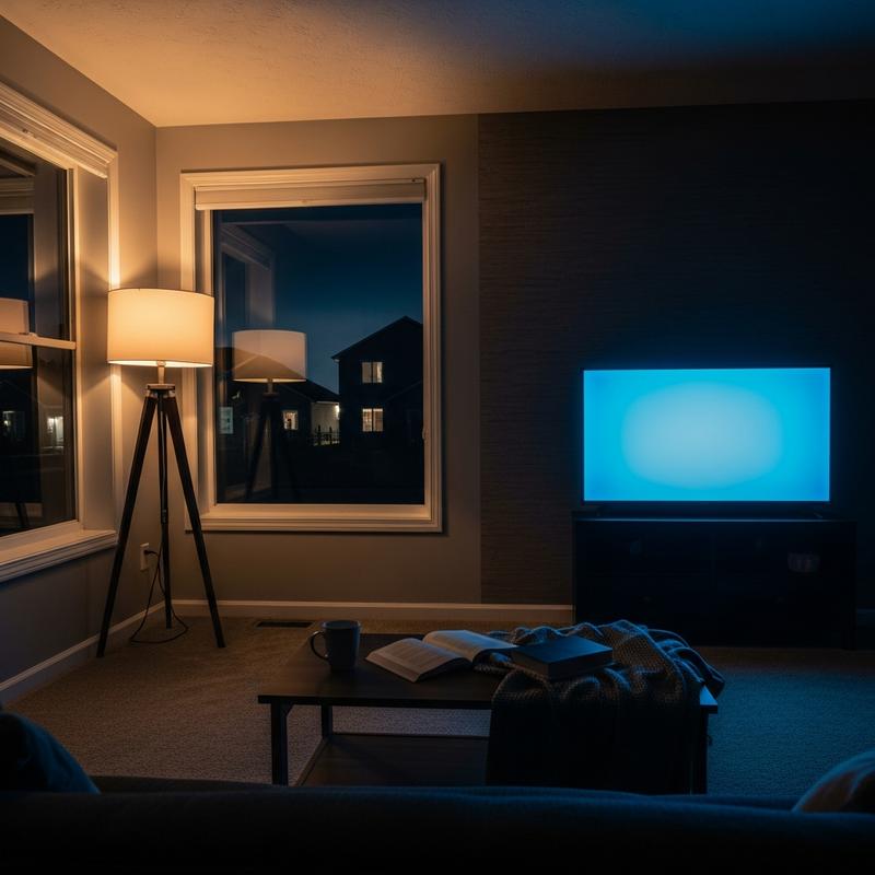 Salon chaleureux éclairé la nuit contrastant avec les maisons voisines plongées dans l'obscurité par une panne de courant