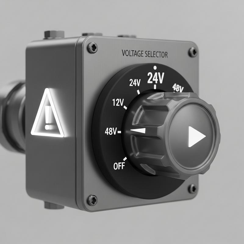 Illustration 3D minimaliste d'un sélecteur de tension réglé sur 24V avec une icône d'avertissement lumineuse sur fond gris sombre