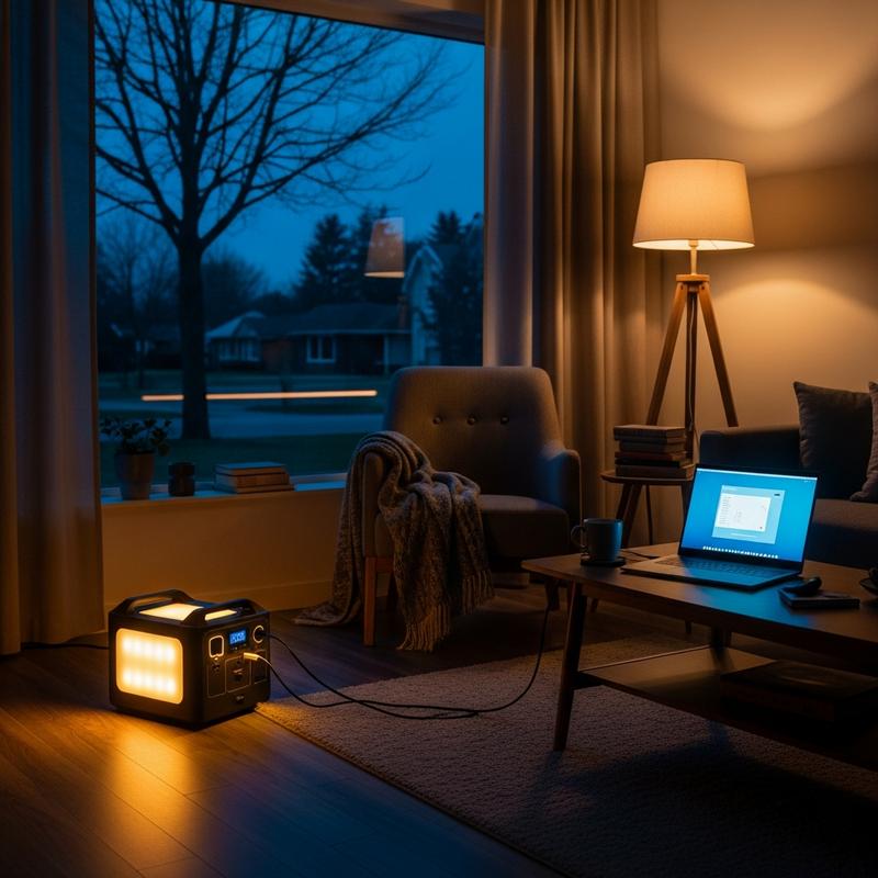 Station électrique portable alimentant une lampe sur pied et un ordinateur dans un salon confortable pendant une coupure de courant au crépuscule