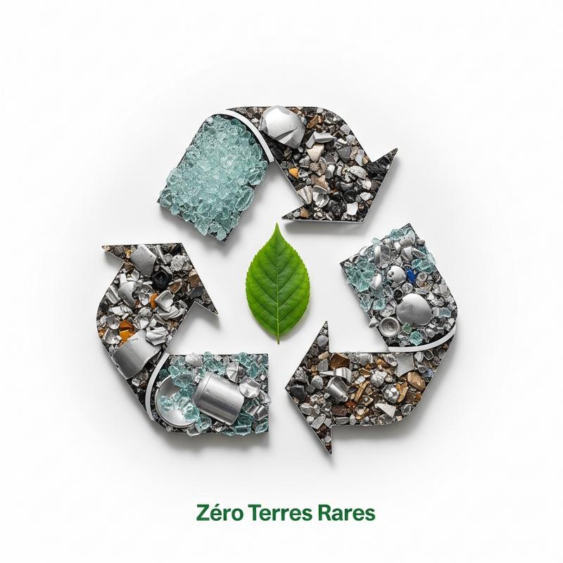 Symbole de recyclage formé d'éclats de verre et de morceaux d'aluminium avec une feuille verte au centre et le texte Zéro Terres Rares