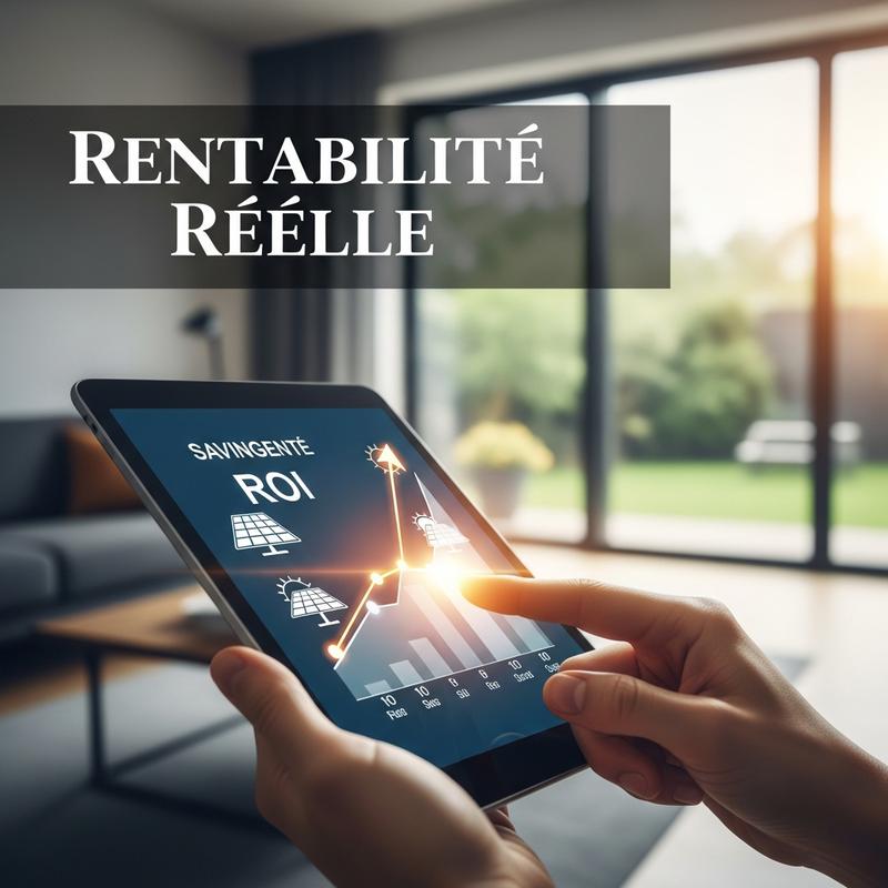 Main tenant une tablette affichant une courbe de rentabilité solaire ascendante et le texte Rentabilité Réelle dans un salon lumineux