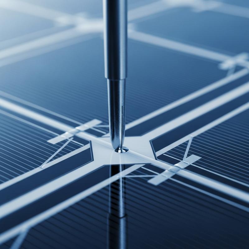 Gros plan macro d'une sonde métallique testant la résistance du verre et des contacts d'un panneau solaire sous un éclairage clinique