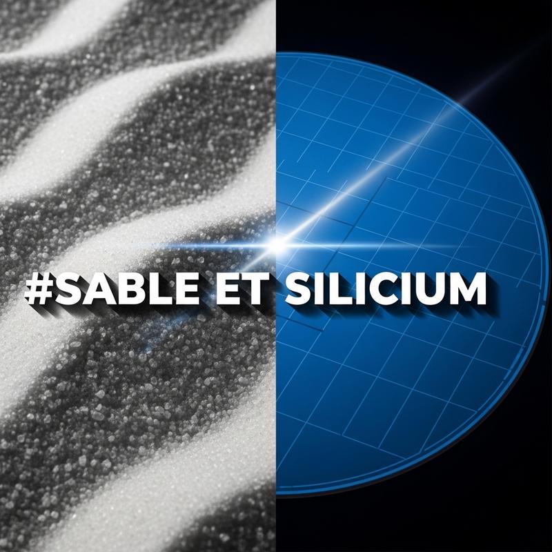 Composition scindée illustrant la transformation de sable de quartz blanc en wafer solaire bleu, avec le texte superposé Sable et Silicium au centre