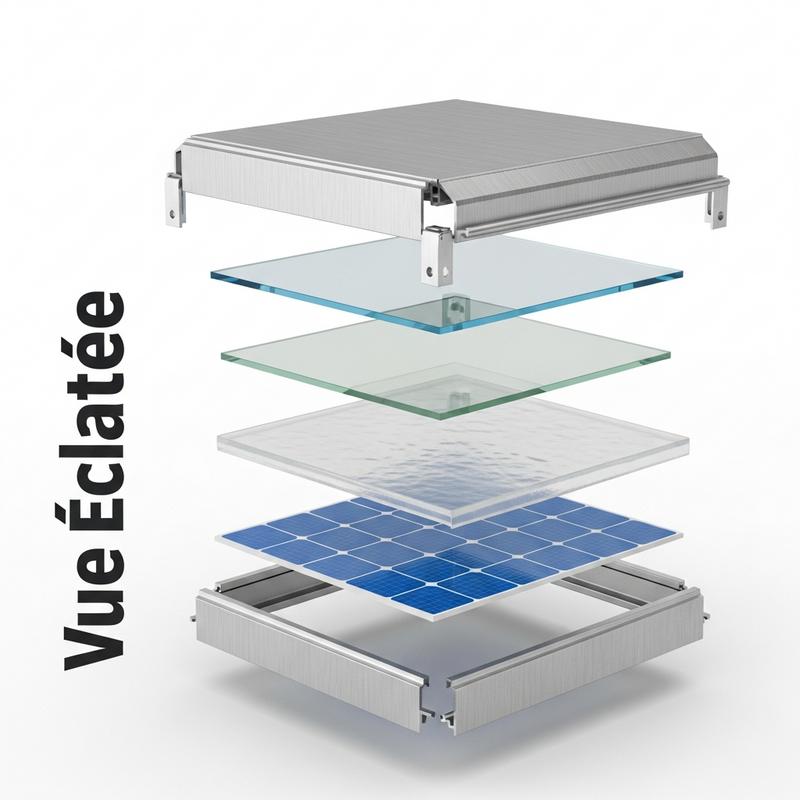 Vue éclatée 3D détaillant les couches verticales d'un panneau solaire, du cadre aux cellules bleues, sur fond blanc avec le texte Vue Éclatée