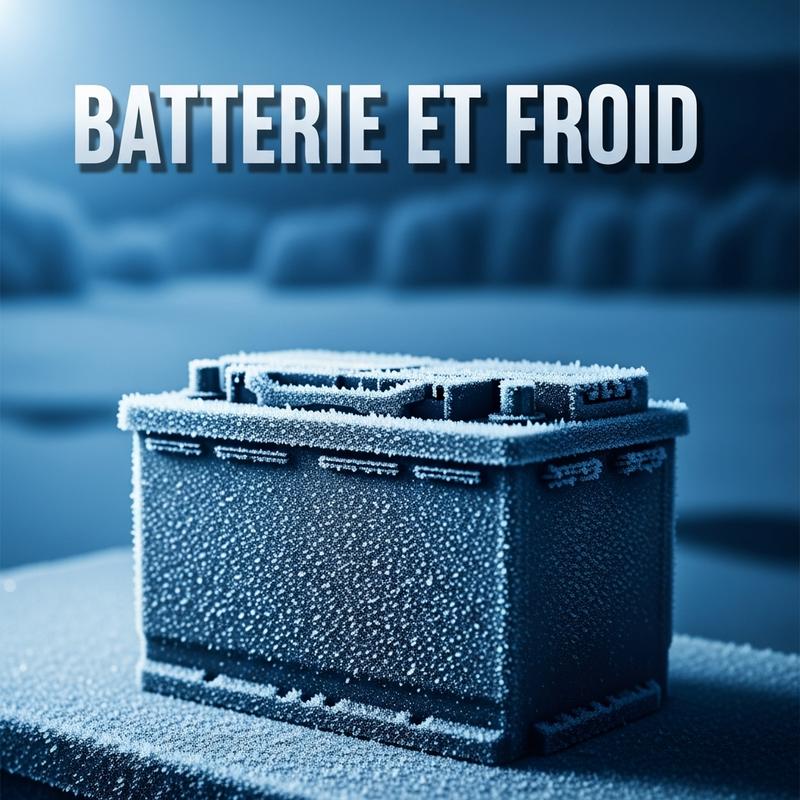 Batterie de voiture recouverte de givre et de cristaux de glace sur fond de paysage enneigé, avec le texte superposé Batterie et Froid