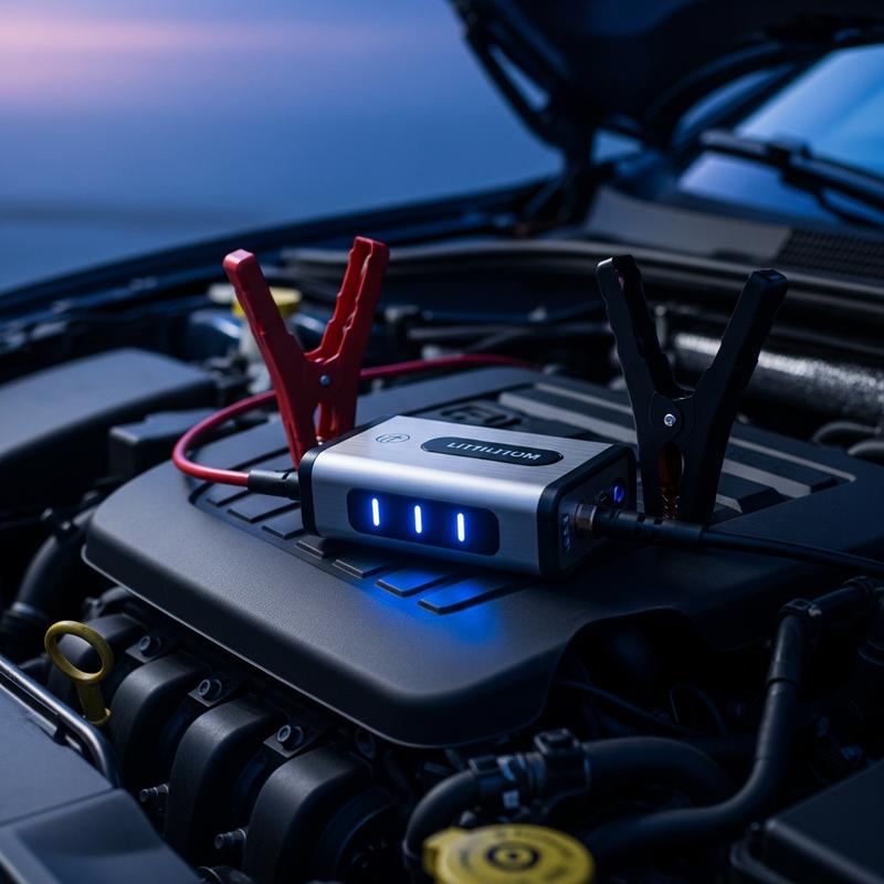 Booster de batterie au lithium portable posé sur un moteur de voiture au crépuscule, avec indicateurs LED allumés et pinces connectées aux bornes