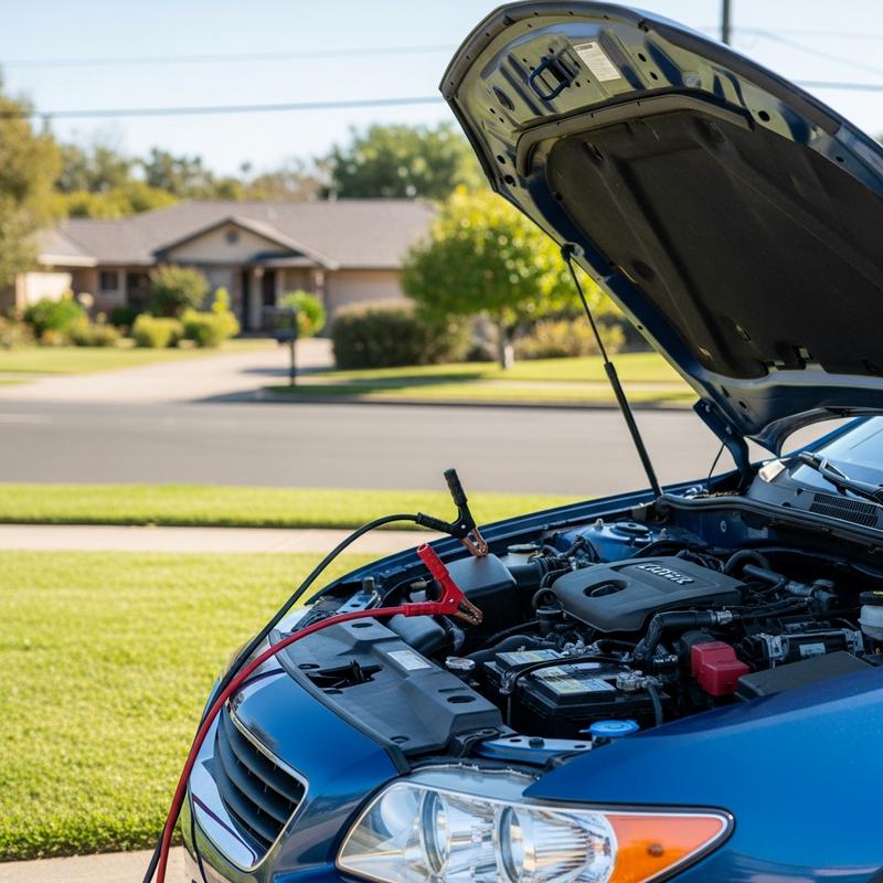 Câbles de démarrage rouges et noirs branchés sur une batterie de voiture, capot ouvert en bord de route.