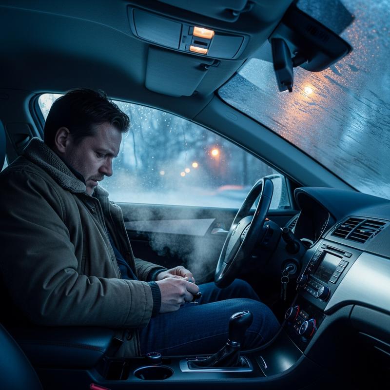 Vue depuis le siège passager d'un conducteur stressé tenant sa clé de contact, buée visible dans l'air froid, face à un pare-brise givré et un tableau de bord aux lumières vacillantes