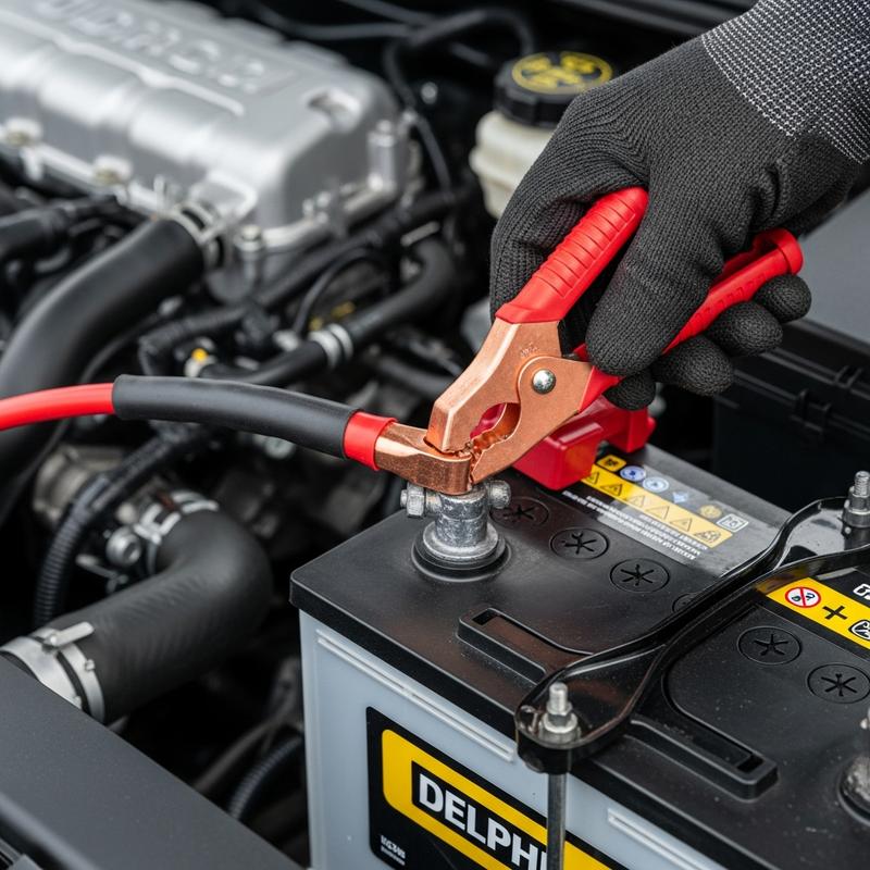 Vue subjective d'une main fixant une pince rouge sur la borne positive d'une batterie de voiture